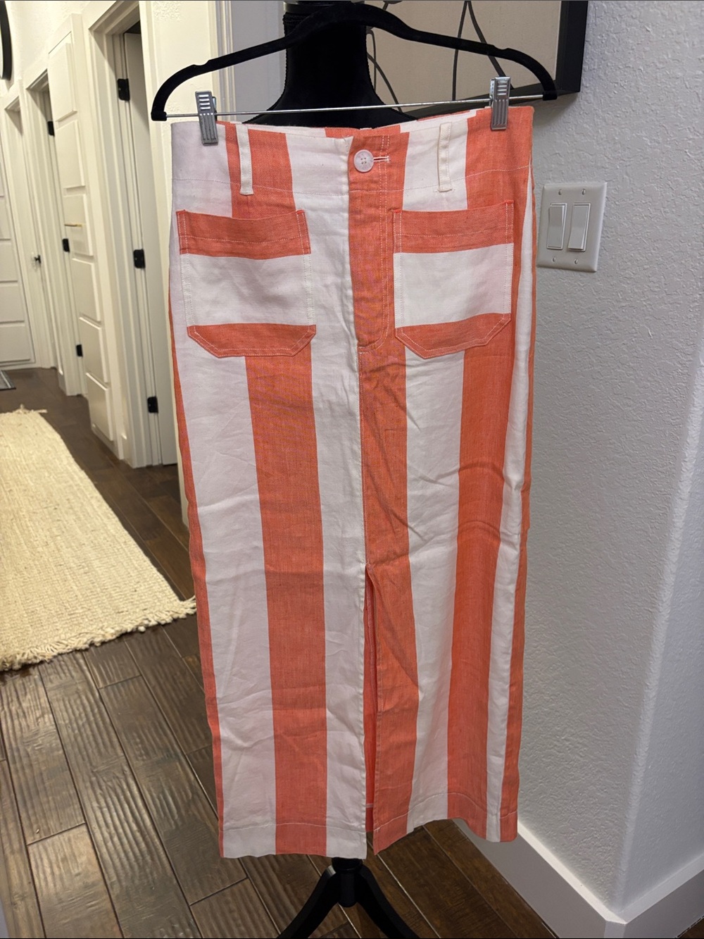 Anthropologie High-Waist Orange and White Striped Midi Skirt